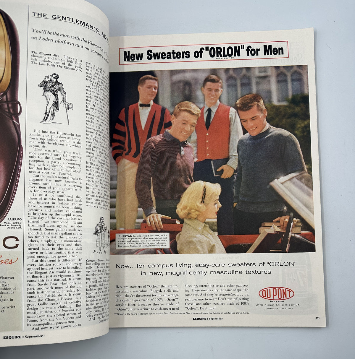 Esquire Magazine September 1957 featuring a fashion advertisement for Dupont ORLON sweaters for men, showcasing a group of male models and one female model in a stylish outdoor setting.