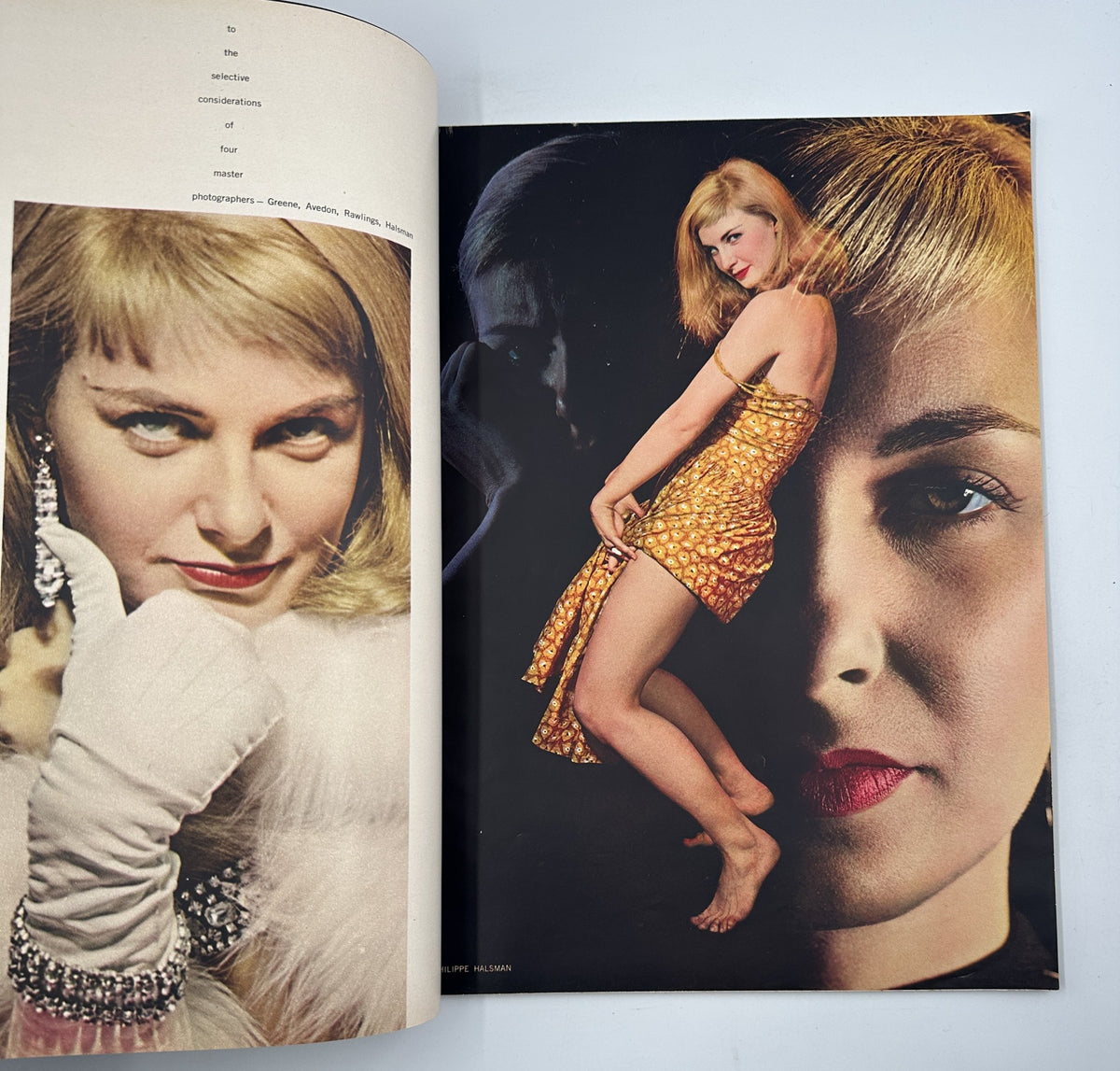 Esquire Magazine September 1957 highlighting a glamorous portrait of a model in a golden dress, showcasing fashion photography by renowned photographers Greene, Avedon, and Halsman.
