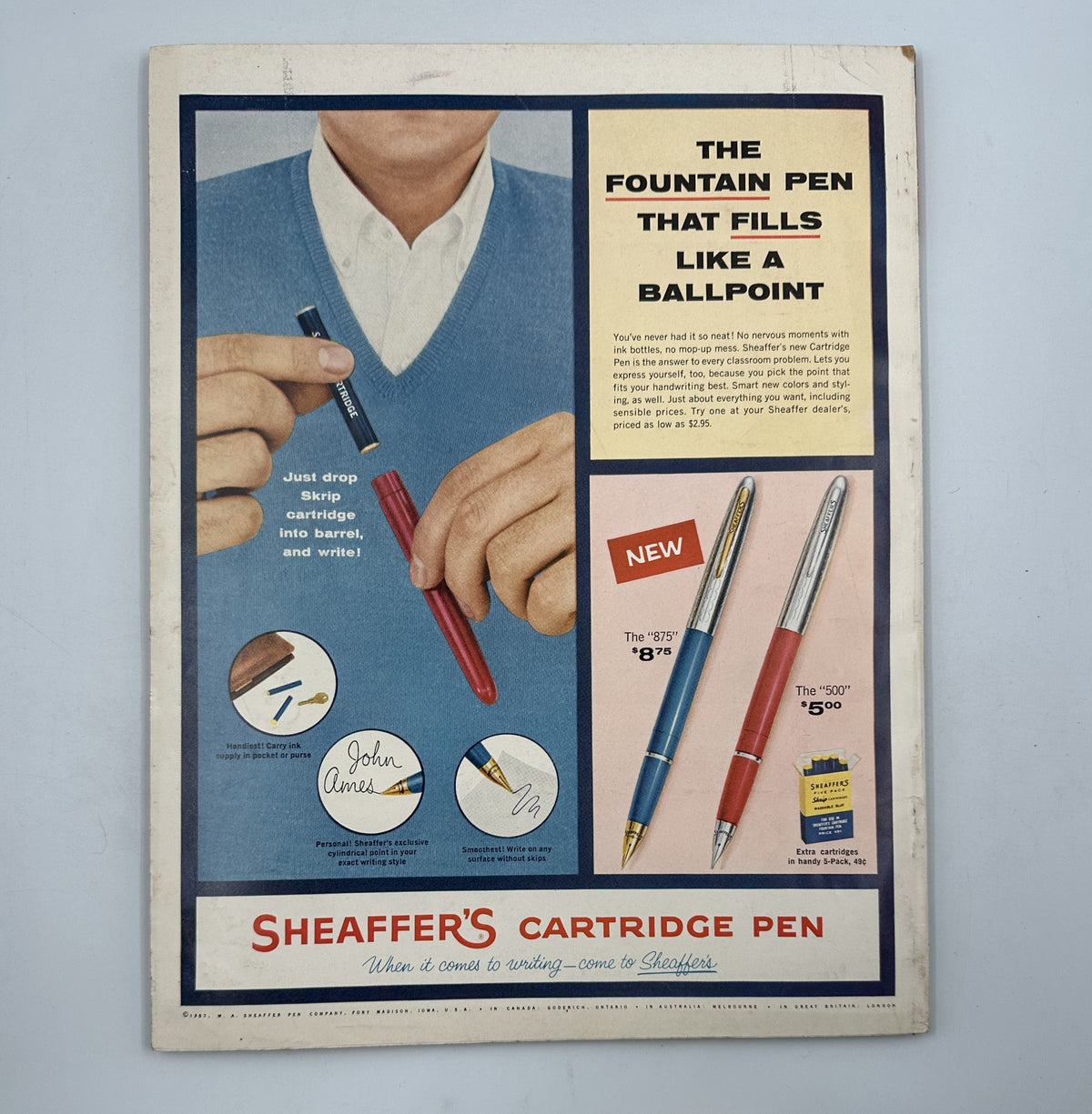 Esquire Magazine September 1957 featuring an advertisement for Sheaffer's cartridge fountain pen, illustrating the pen in use with attention to its stylish design and functionality.