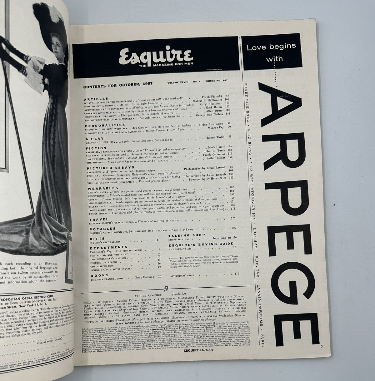 Esquire Magazine October 1957 featuring the Table of Contents page with articles and personal profiles including Ava Gardner and Arthur Miller.