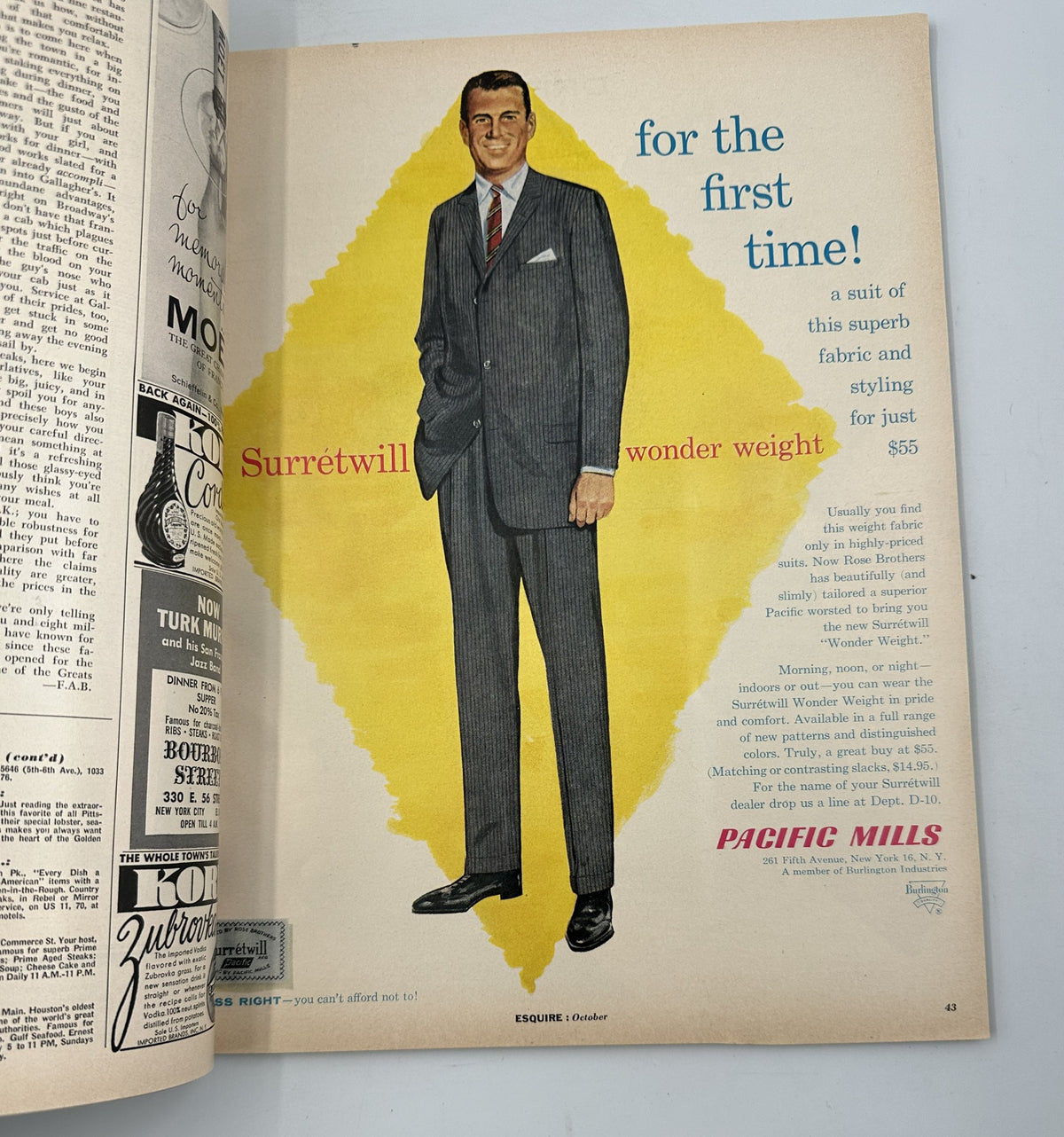 Esquire Magazine October 1957 advertisement showcasing a stylish man in a suit by Pacific Mills, promoting a new fabric and design.