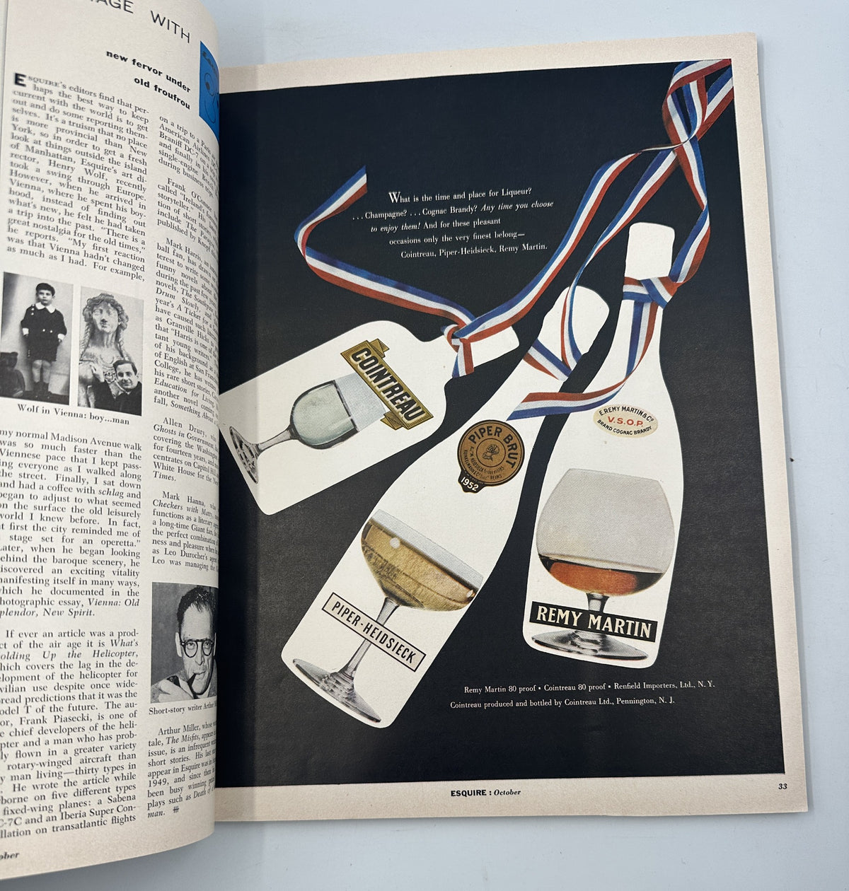 Esquire Magazine October 1957 vintage advertisement for champagne and liqueurs, featuring artistic illustrations of iconic brands.