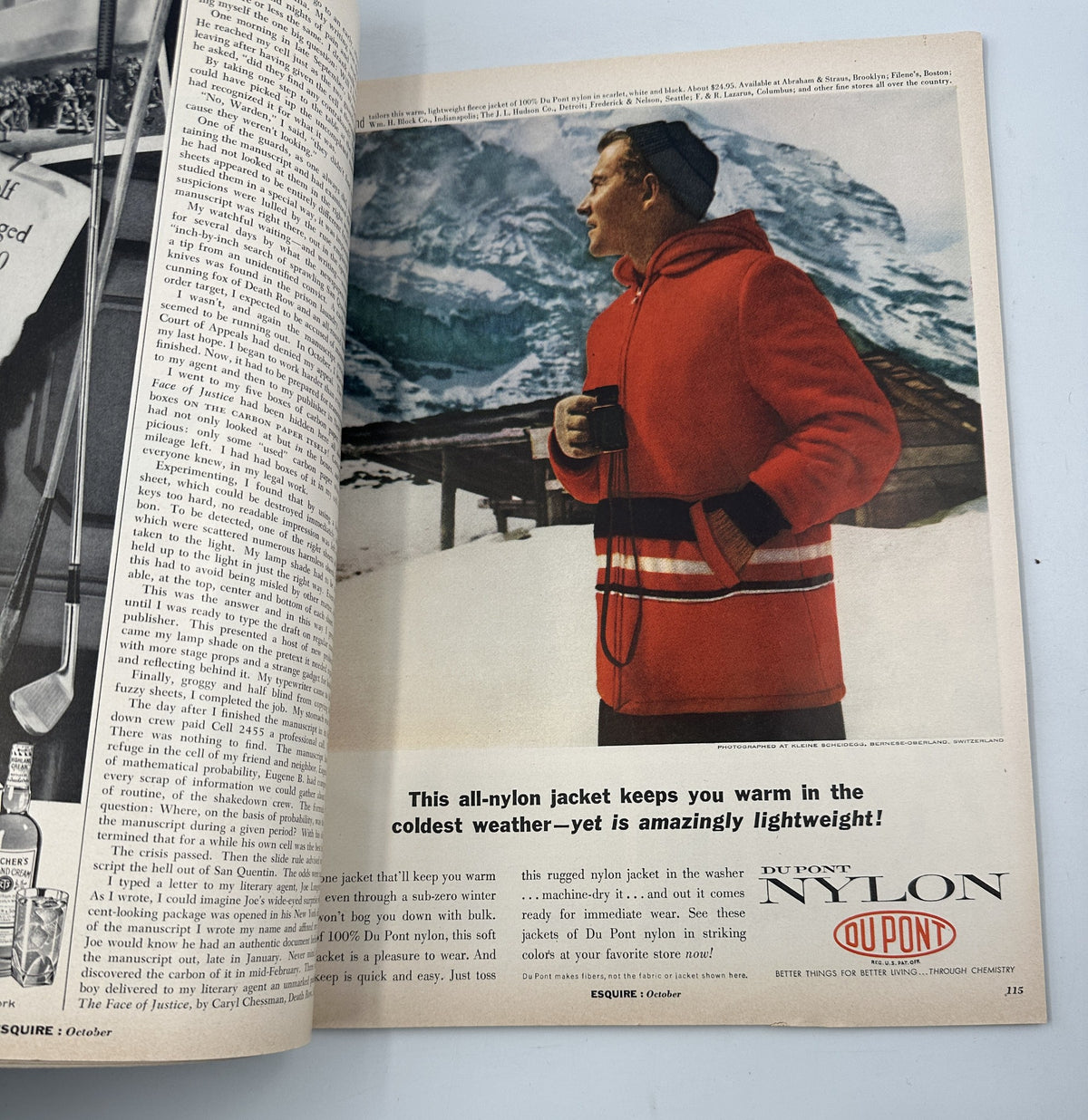 Esquire Magazine October 1957 ad for a DuPont nylon jacket, highlighting its lightweight and warmth in cold weather.