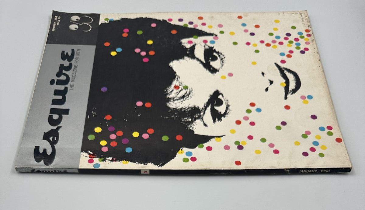 Another view of the January 1958 Esquire Magazine cover showcasing its colorful design with dots and the title 'Esquire: The Magazine for Men' prominently displayed.