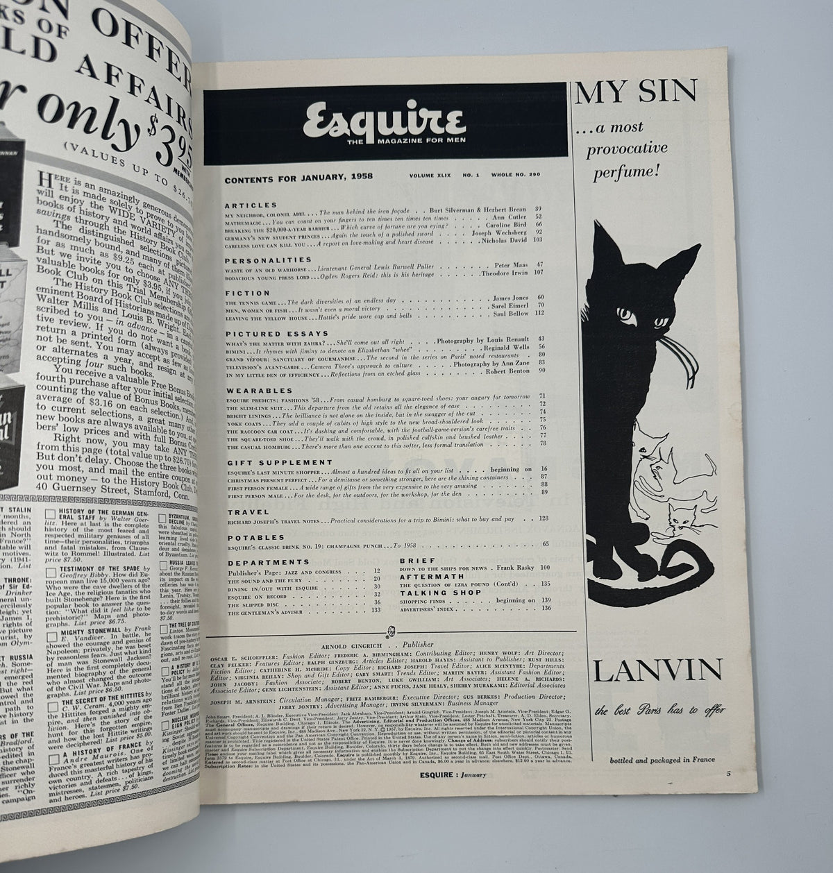 Interior page of the January 1958 Esquire Magazine displaying the table of contents, showcasing articles and features alongside a stylish illustration of a cat, emphasizing the magazine's chic aesthetics.