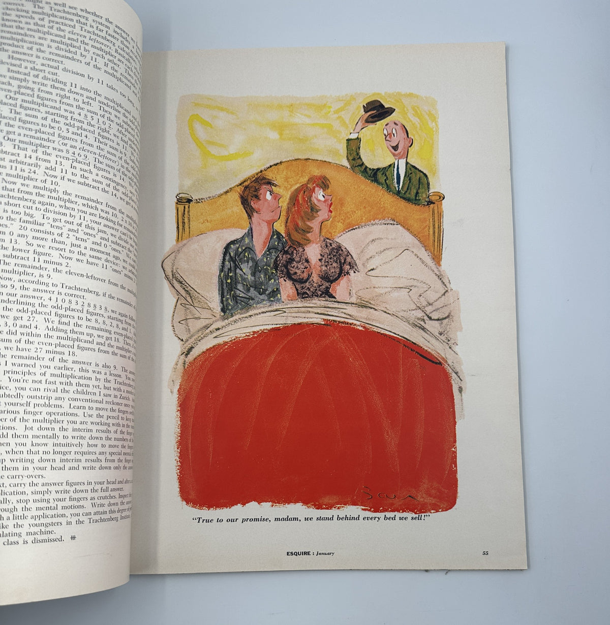 An illustrated interior page from Esquire Magazine January 1958 featuring a whimsical drawing of a couple in bed with a gentleman in a suit, capturing the magazine's playful yet sophisticated tone.