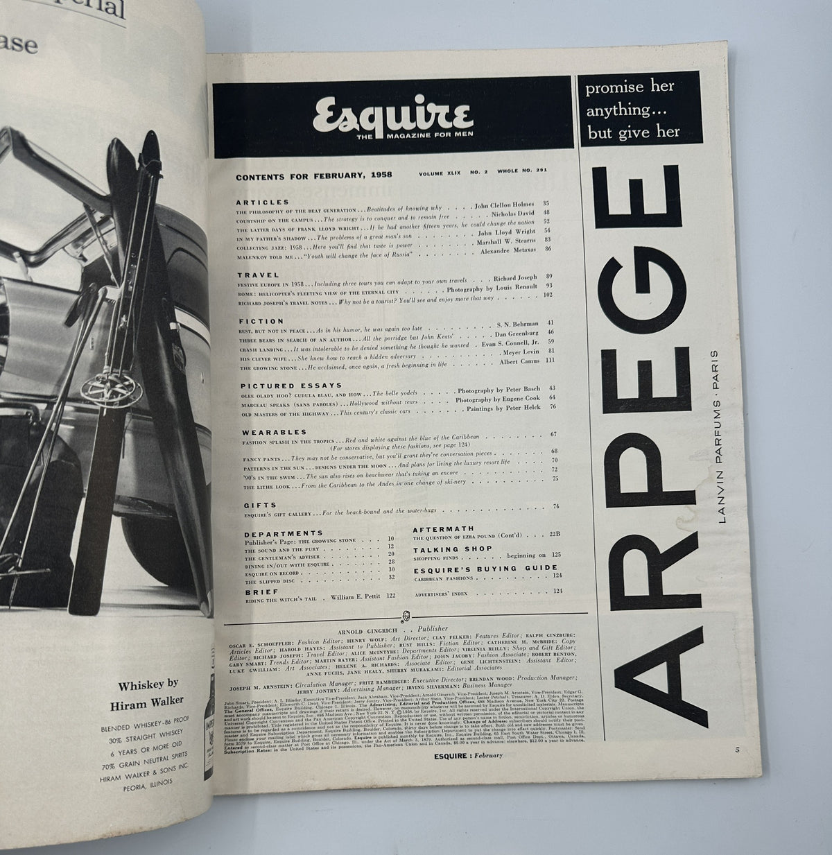 Inside page of Esquire Magazine February 1958 displaying the table of contents, outlining articles on fashion, travel, and notable features.