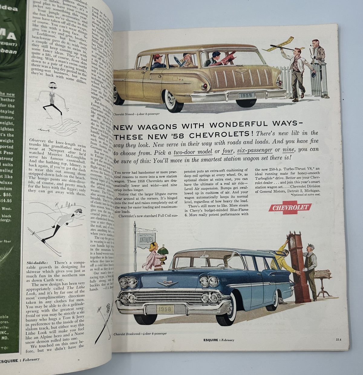 Advertisement of 1958 Chevrolet cars in Esquire Magazine February 1958, highlighting new automotive designs.