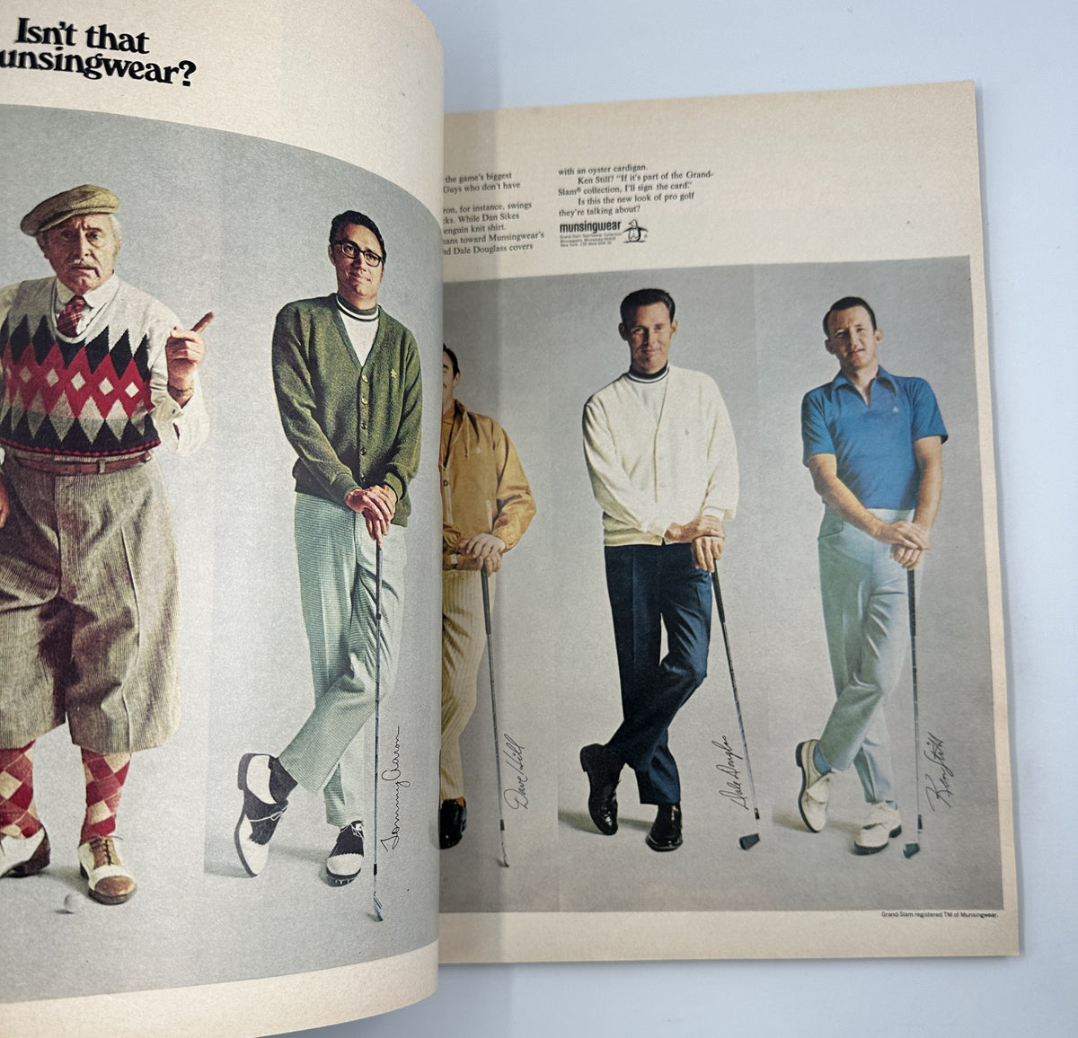 Page from Esquire Magazine April 1970 displaying models in golf attire posing elegantly. Emphasizes fashion and style associated with golf.