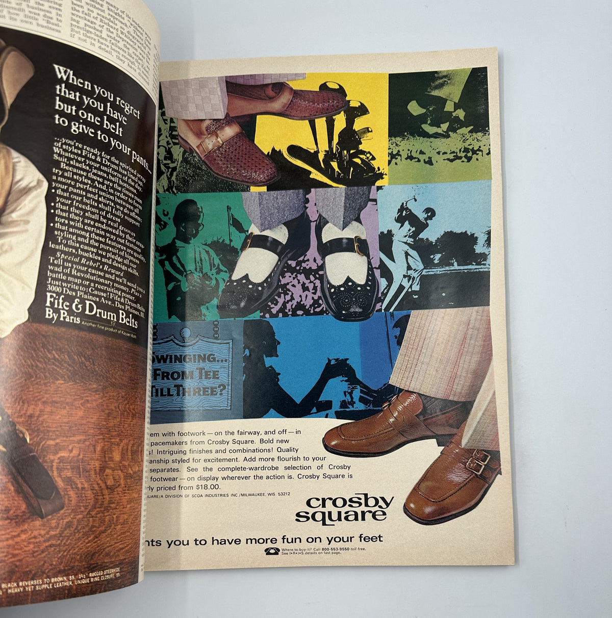 Advertisement page from Esquire Magazine April 1970 showcasing trendy shoes by Crosby Square. Features a colorful collage appealing to fashion-conscious readers.