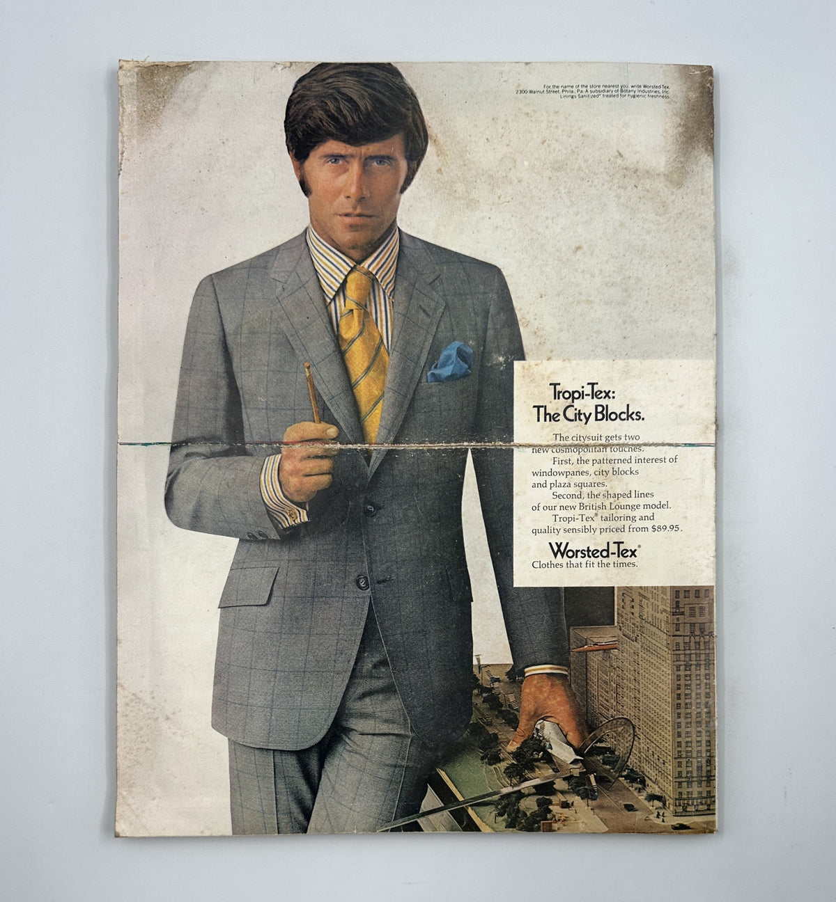 Cover of Esquire Magazine, April 1970, featuring a fashionable man in a gray suit and yellow tie, promoting Tropi-Tex clothing and showcasing a modern cityscape.