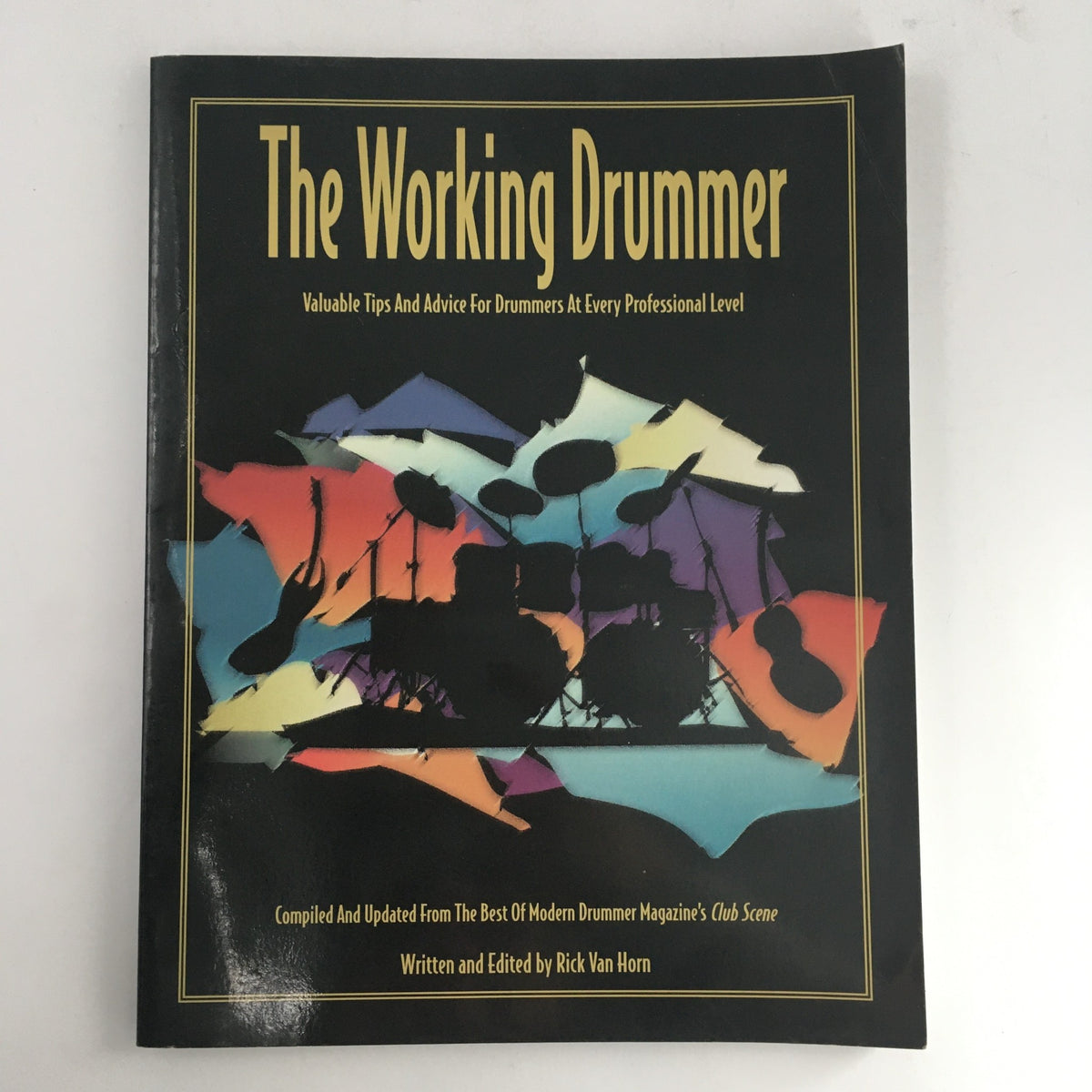 Cover of The Working Drummer 1996, showcasing colorful silhouettes of drums and musical instruments, featuring valuable tips and advice for drummers at every professional level.