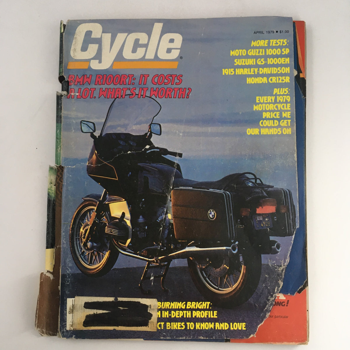 Cycle Magazine April 1979 cover featuring BMW R100RT motorcycle beside text about Moto Guzzi 1000 SP and Suzuki GS-1000EN.