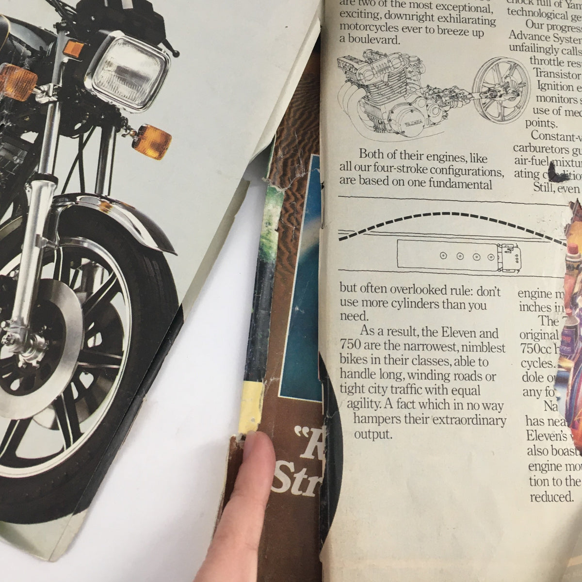 Interior pages of Cycle Magazine April 1979 displaying a Suzuki motorcycle and article details about motorcycle configurations and performance.