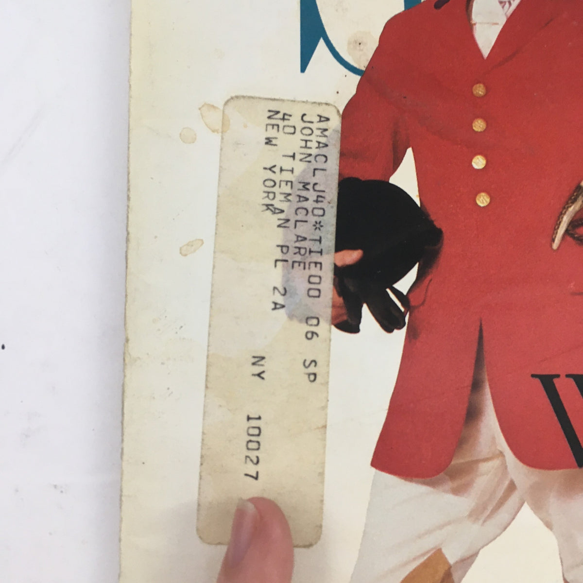 Close-up of the label on Spy Magazine August 1987 revealing prior ownership, attached to the cover showing a man in a red blazer with 'WASPmania!' featured prominently.