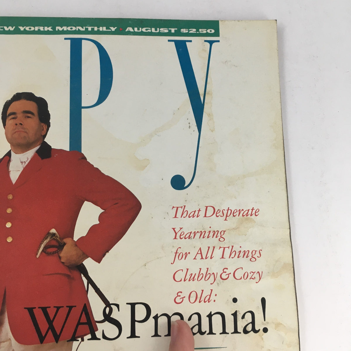 Detailed view of the title area of Spy Magazine August 1987, showcasing the title 'SPY' and the subtitles discussing topics like 'All Things Clubby & Cozy & Old: WASPmania!'.