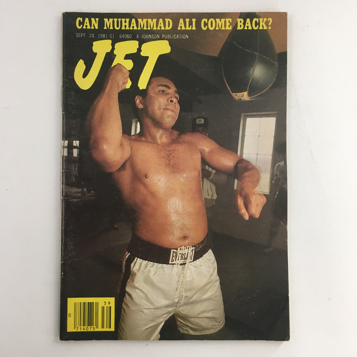 Cover of Jet Magazine from September 24, 1981, featuring Muhammad Ali in training with the headline 'Can The Great Muhammad Ali Come Back?'. The image depicts Ali shirtless, focused, and boxing with a heavy bag, highlighting his legendary status in sports history.