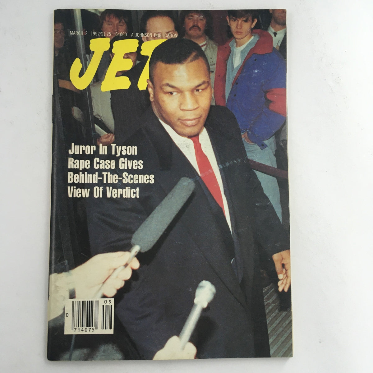 Jet Magazine March 2 1992 cover featuring the headline 'Juror In Tyson Rape Case Gives Behind-The-Scenes View of Verdict' with an image of Mike Tyson surrounded by microphones.