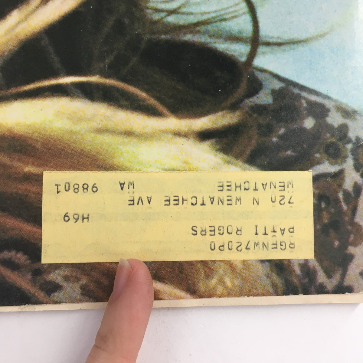 Close-up of the address label on the cover of the American Girl Magazine November 1969, showing the text '72 N. Wenatchee Ave, WA 98801'.