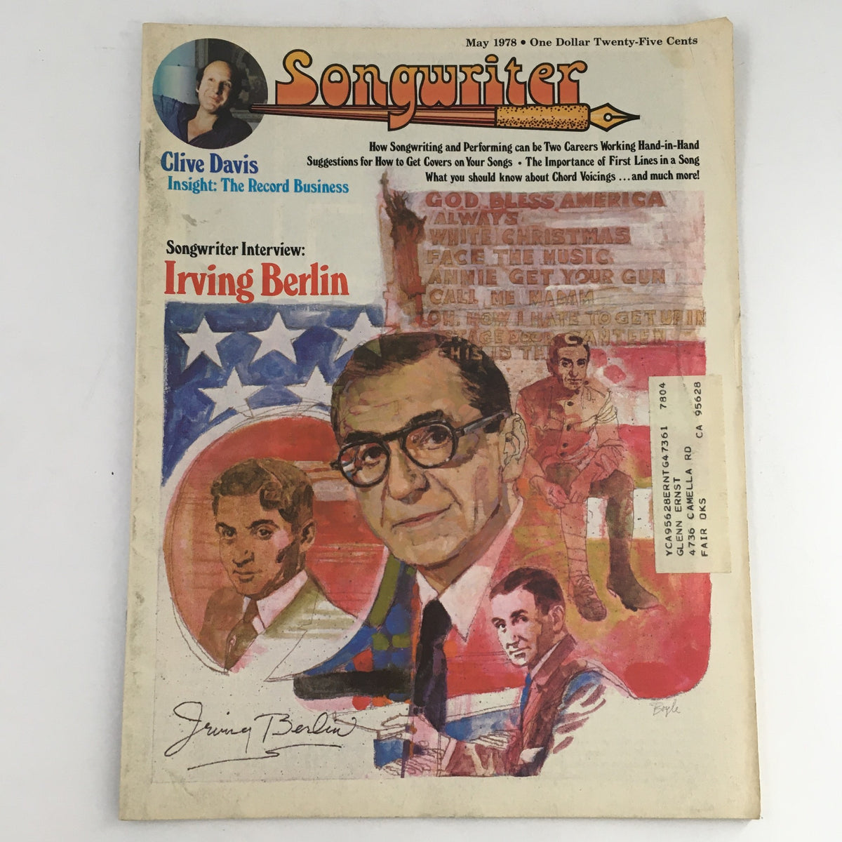 Cover of Songwriter Magazine May 1978 featuring an interview with Irving Belin and a profile on Clive Davis, showcasing vibrant artwork and text highlights.