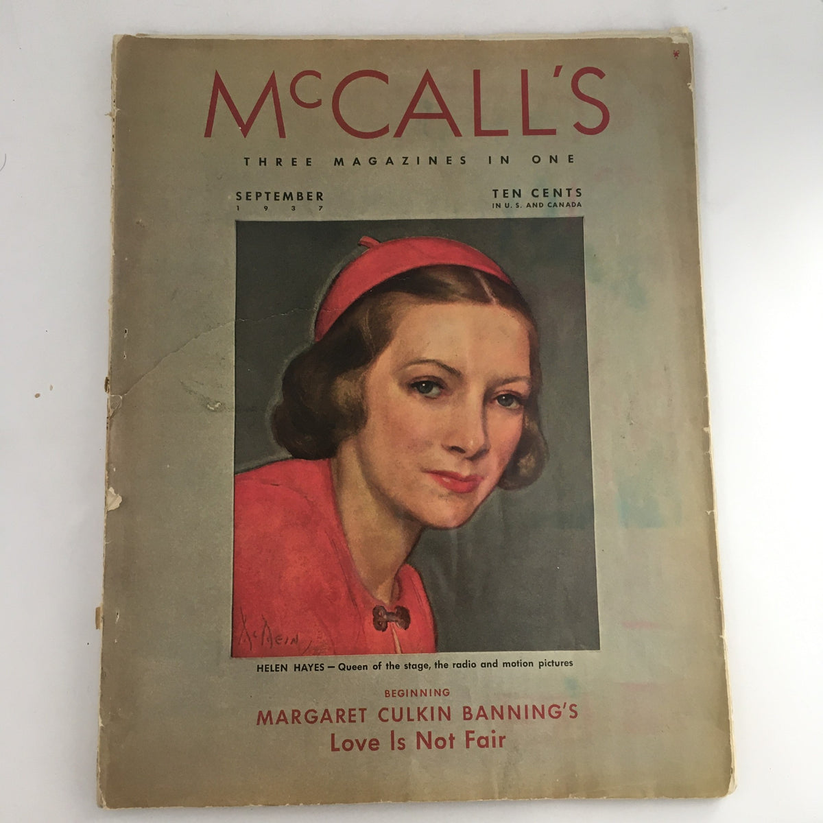 Cover of McCall's Magazine from September 1937 featuring Helen Hayes, the Queen of Stage, and highlighting contributions by Margaret Culkin.