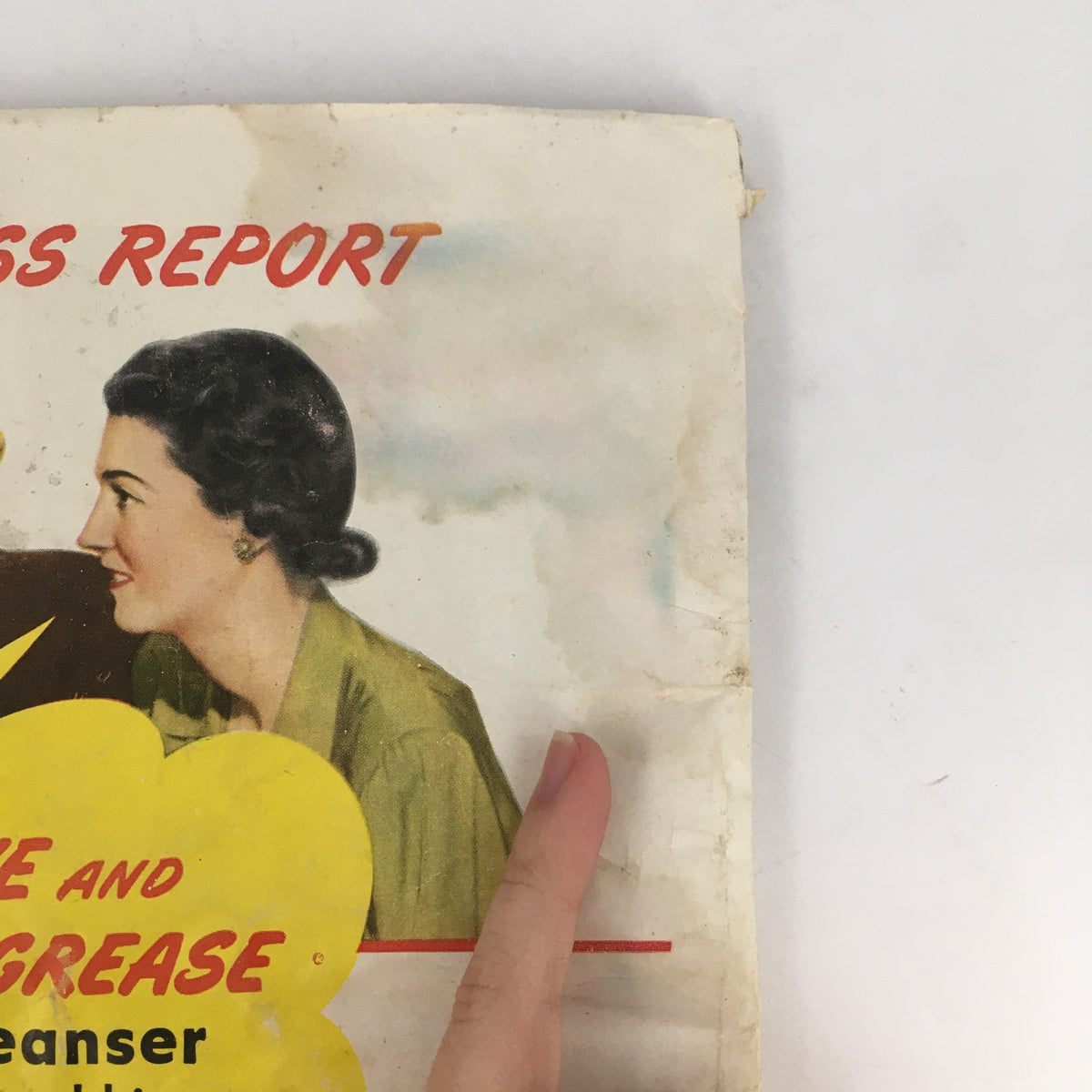 Side view of an advertisement in McCall's Magazine February 1946 featuring two women discussing cleaning grease with a product recommendation.