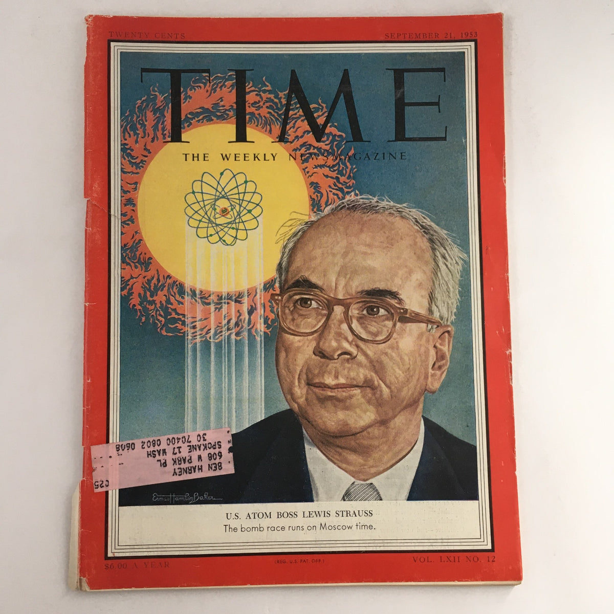 Cover of Time Magazine, September 21, 1953, featuring U.S. Atom Boss Lewis Strauss, highlighting themes of the atomic age and Cold War.
