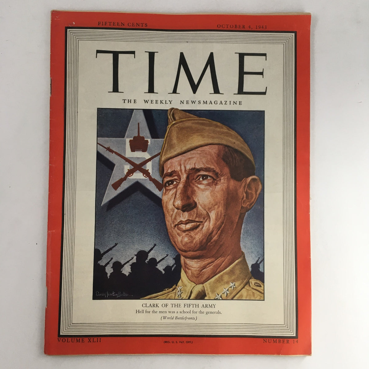 Cover of Time Magazine, October 4, 1943, Volume 42, Number 14, featuring General Mark W. Clark of the Fifth Army, highlighting notable wartime themes and military leadership.