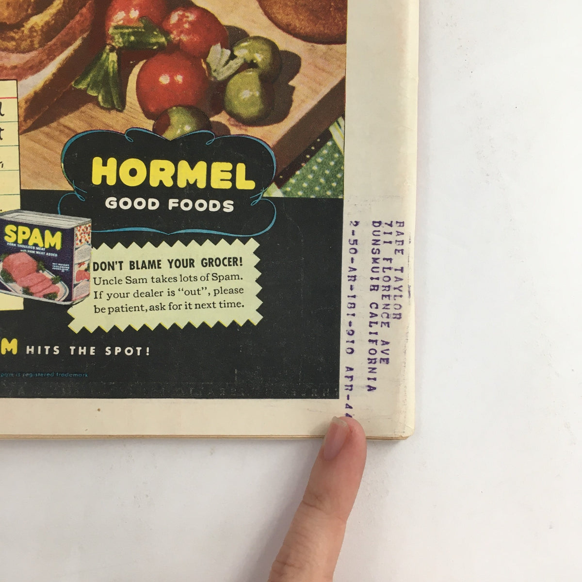 Back cover advertisement of Time Magazine, October 4, 1943, showcasing Hormel good foods, including Spam, with a nostalgic touch of mid-20th century marketing.