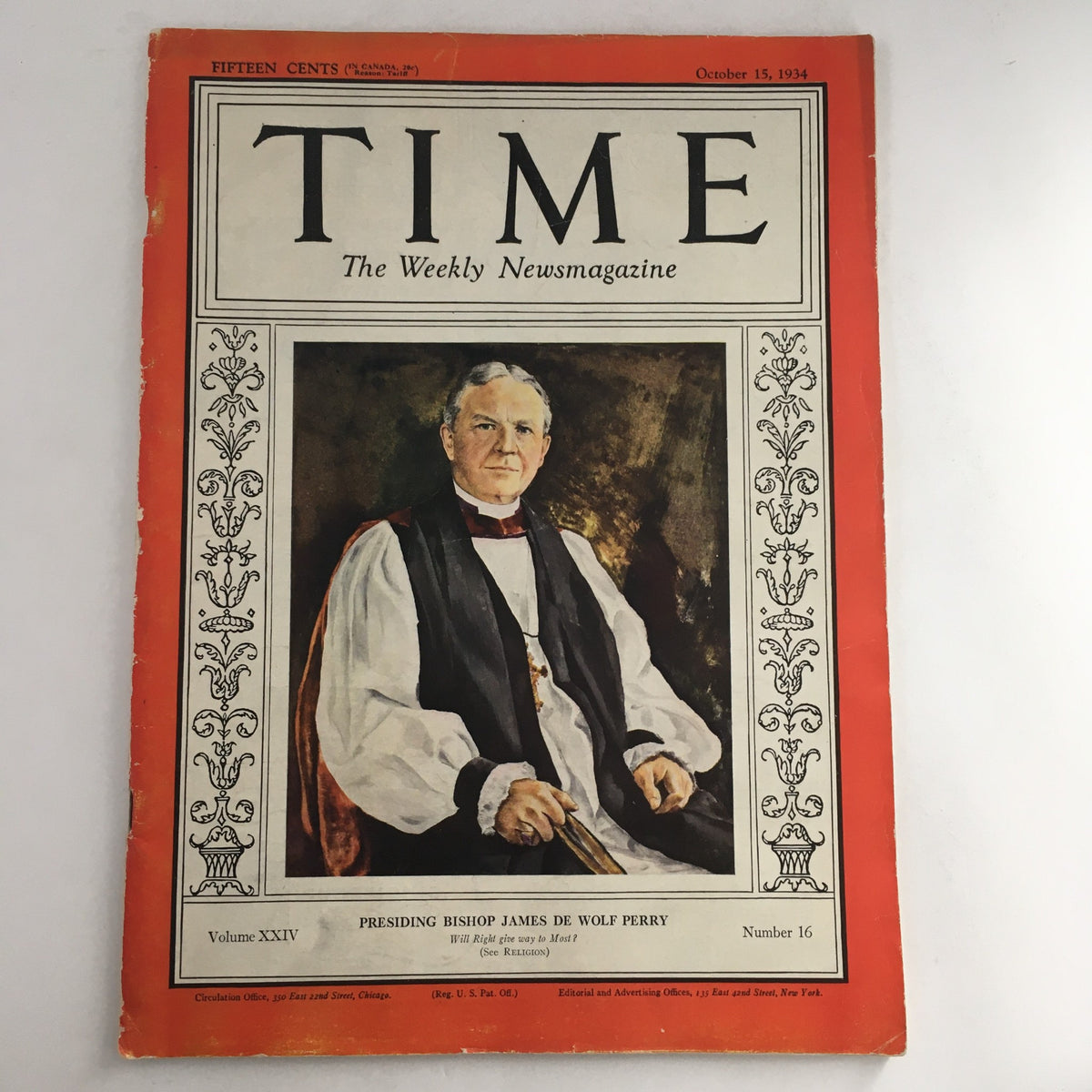 Time Magazine October 15 1934 featuring Presiding Bishop James De Wolf Perry on the cover, showcasing early 20th century journalism.