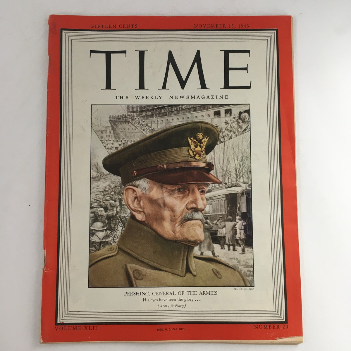 Cover of Time Magazine November 15 1943 Vol 42 #20 featuring General of the Armies John J. Pershing, showcasing a historical portrait.