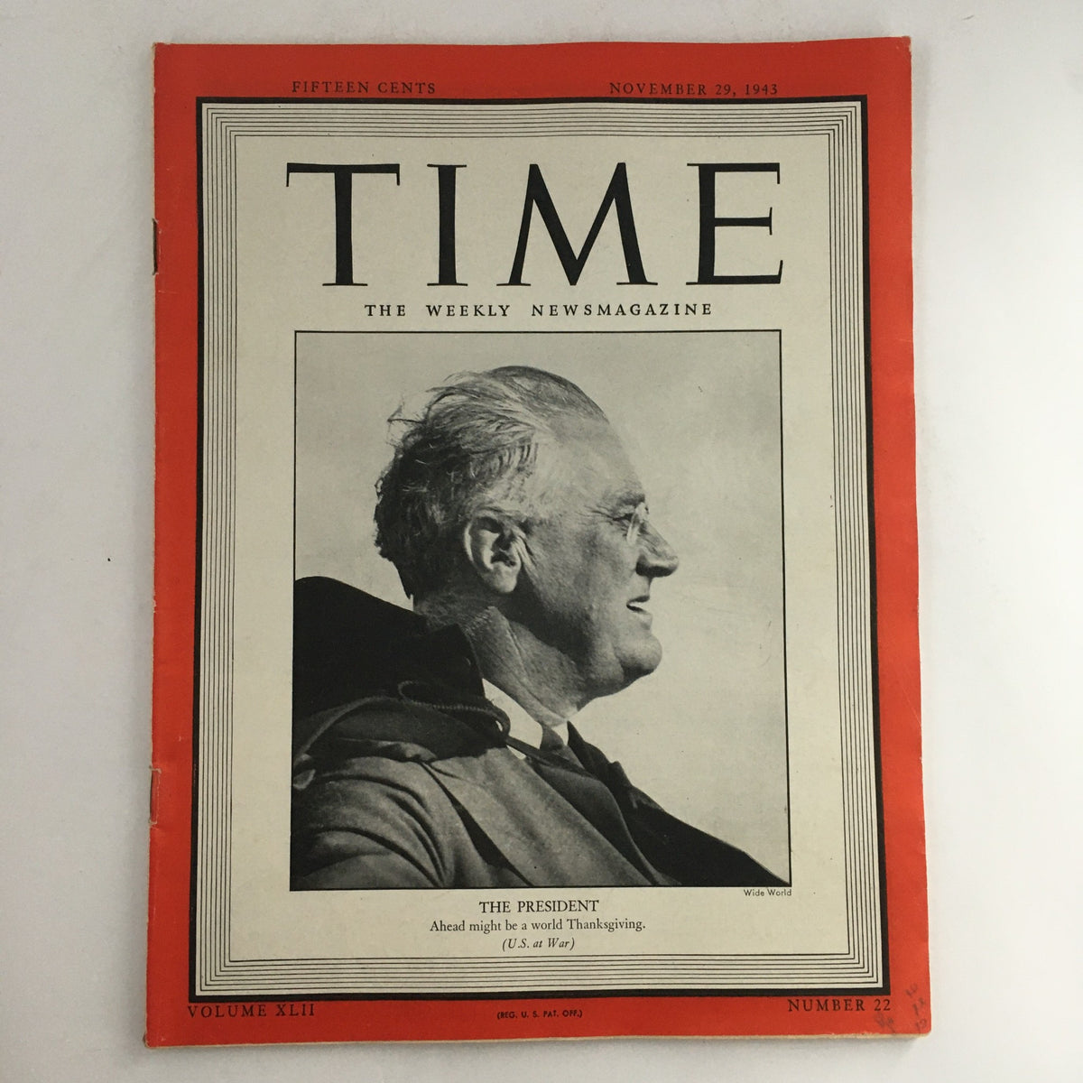 Cover of Time Magazine from November 29, 1943, featuring President Franklin D. Roosevelt. The cover includes the magazine title, date, and a profile image of Roosevelt, showcasing him in a historical moment during World War II.