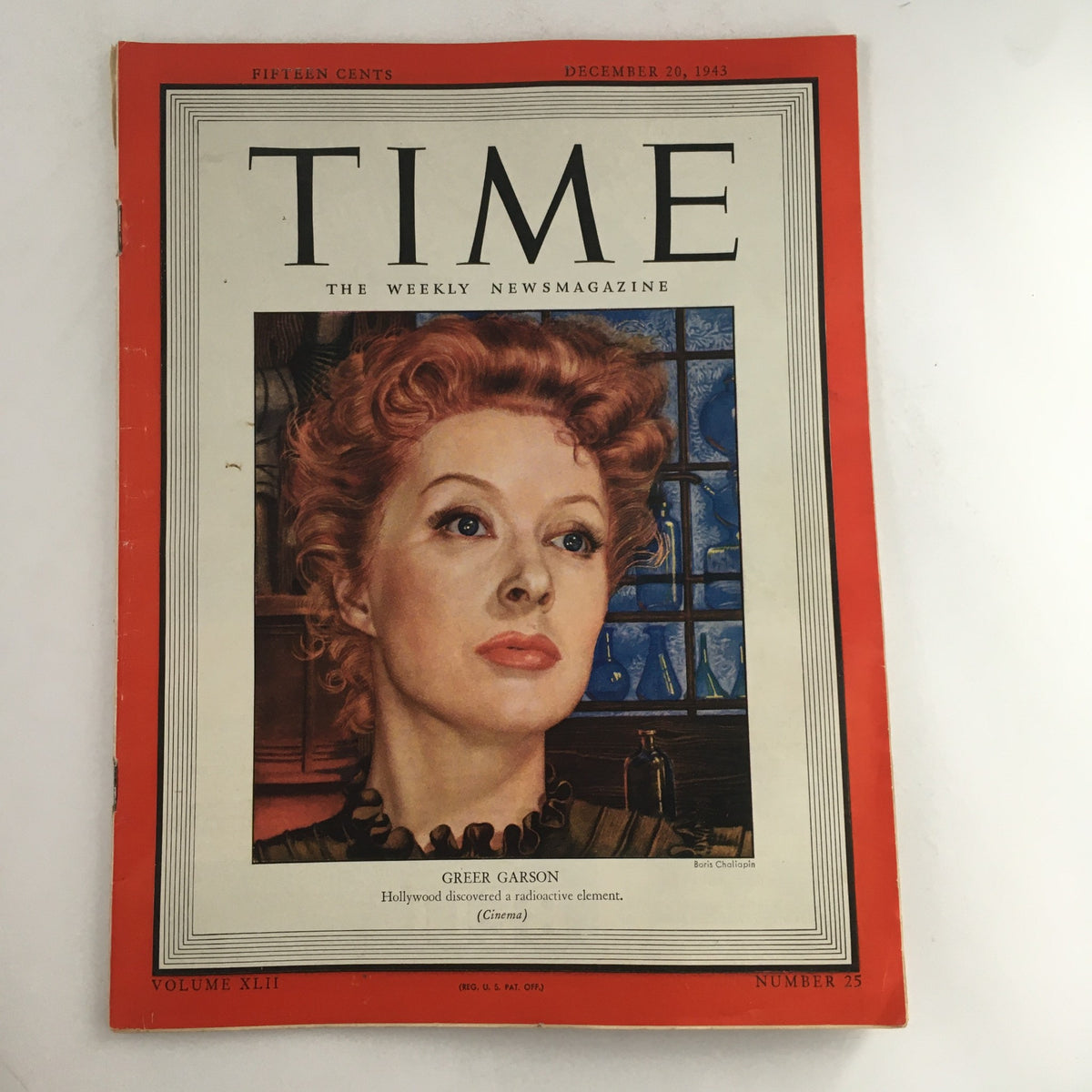 Time Magazine December 20 1943, featuring a striking portrait of English actress and singer Greer Garson on the cover, showcasing Hollywood's golden age.