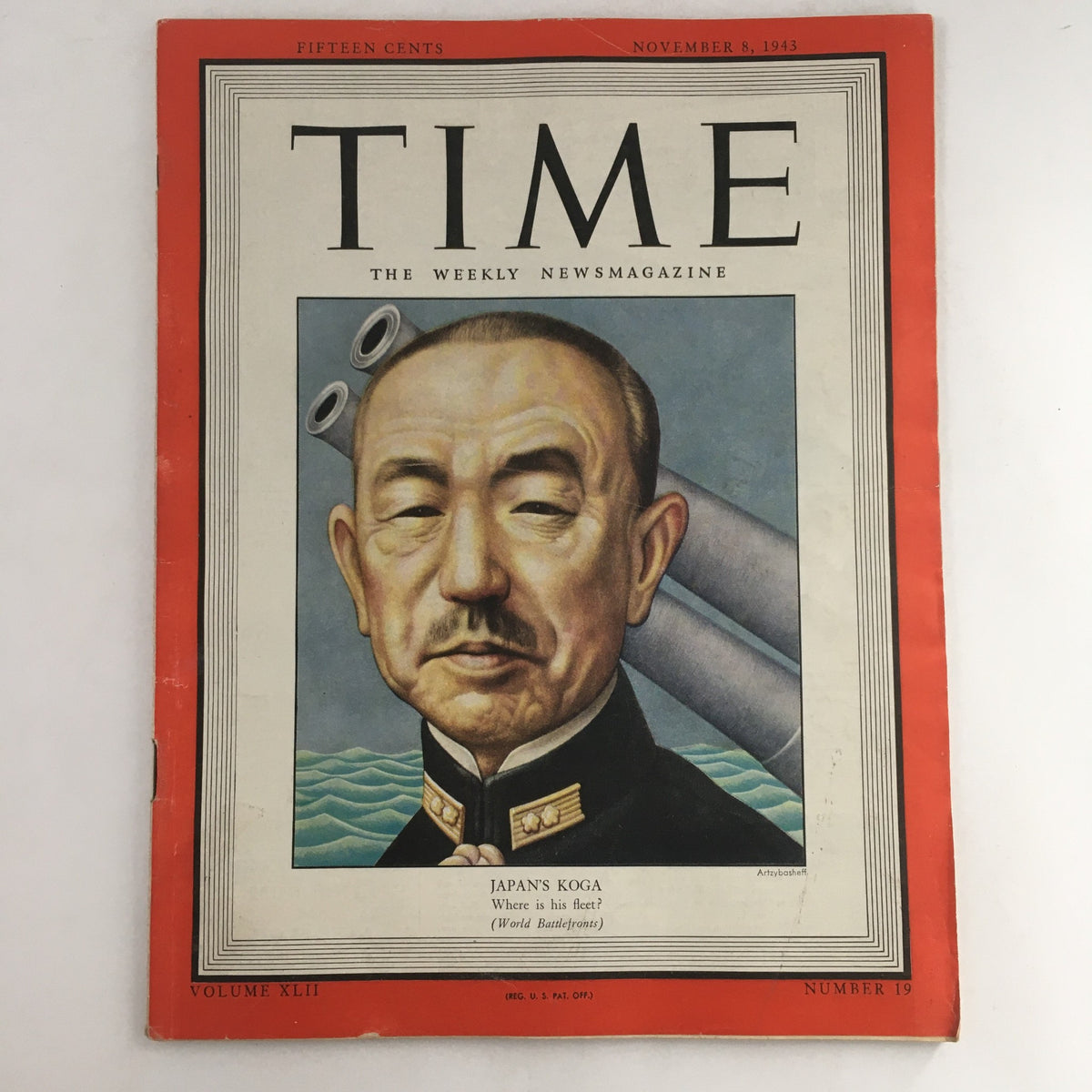 Cover of Time Magazine from November 8, 1943 featuring Japan's Marshal Admiral Mineichi Koga, Volume 42, Issue 19, with a striking illustration and headline 'Japan's Koga' discussing his naval strategies.