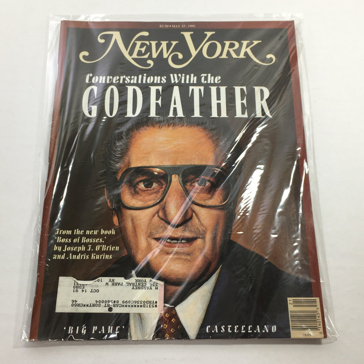 Cover of New York Magazine dated May 27, 1991, featuring the title 'Conversations With The Godfather' and an illustration of Big Paul C. The magazine is sealed in plastic, showcasing its excellent condition with a smooth edge and an address label on the front.