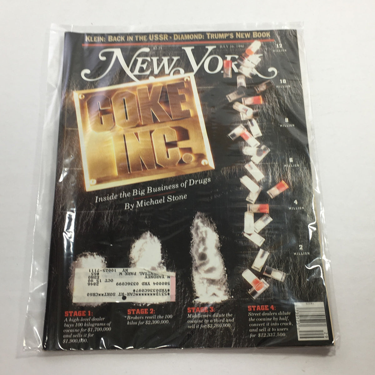 Cover of New York Magazine, July 18, 1990, featuring the title 'Coke Inc.: Inside the Big Business of Drugs' by Michael Stone. The magazine showcases graphic imagery related to drug trade and business statistics.