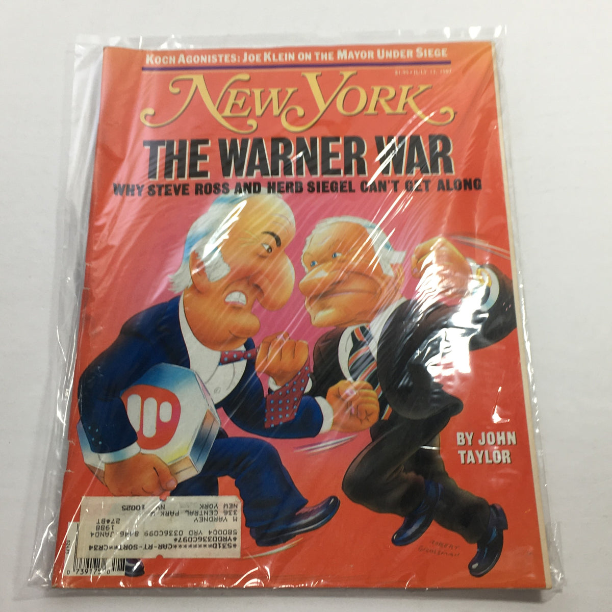 Cover of New York Magazine, July 13, 1987, featuring the article 'The Warner War: Why Steve Ross & Herb Siegel Can't Get Along,' illustrated with a cartoon depiction of the two figures, highlighting key themes in the entertainment industry.
