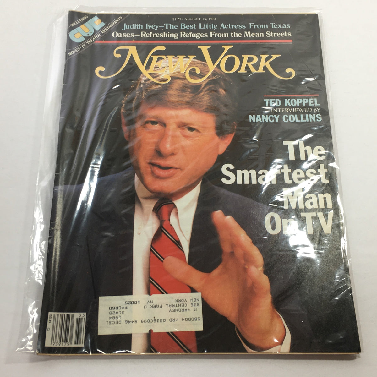 Cover of New York Magazine dated August 13, 1984, featuring Ted Koppel with the title 'The Smartest Man On TV'. The magazine is encased in plastic protection, showcasing Koppel's engaging pose as he gestures with his hand.