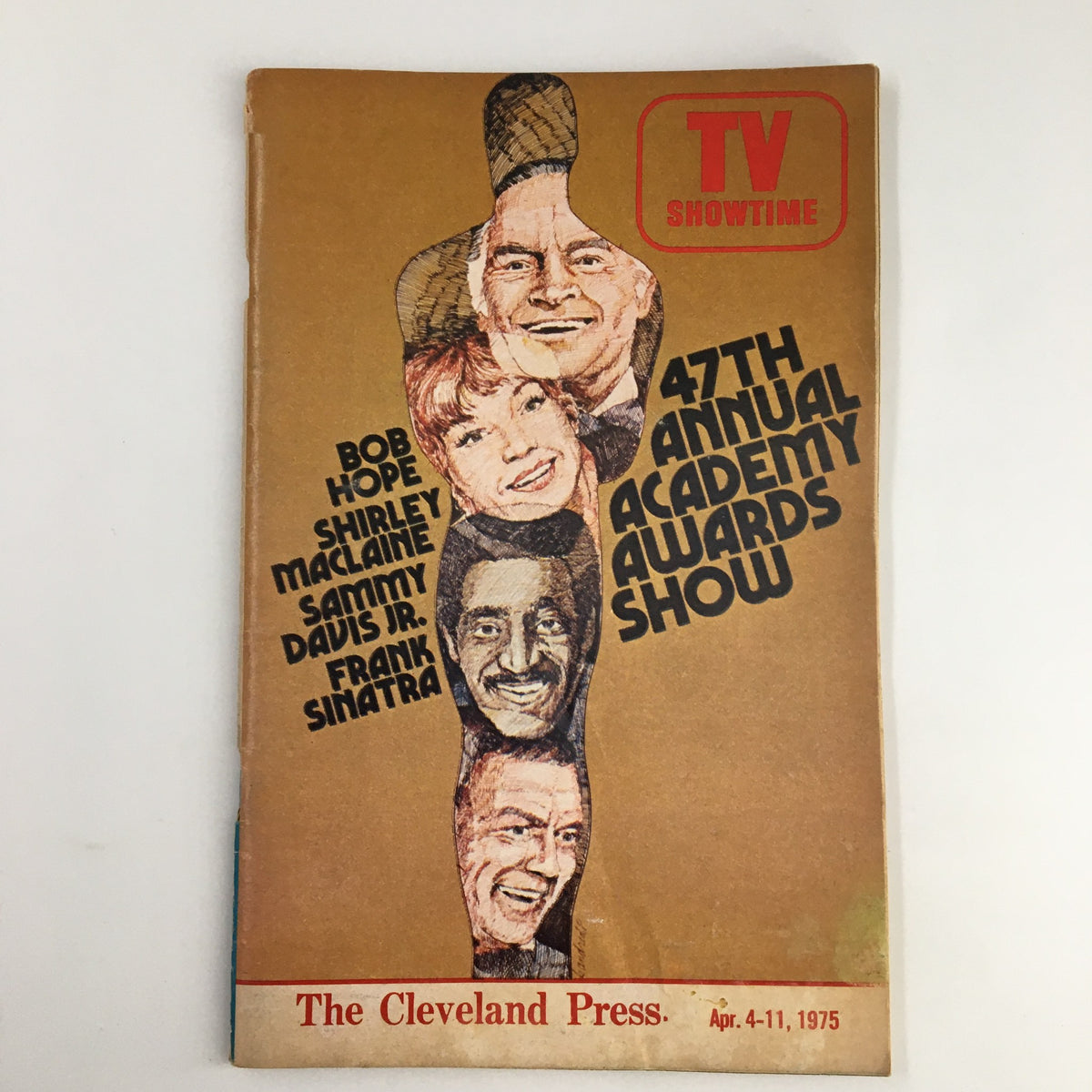 The Cleveland Press TV Showtime Guide April 4, 1975, featuring celebrities Bob Hope, Shirley MacLaine, Sammy Davis Jr., and Frank Sinatra, showcasing the 47th Annual Academy Awards Show.