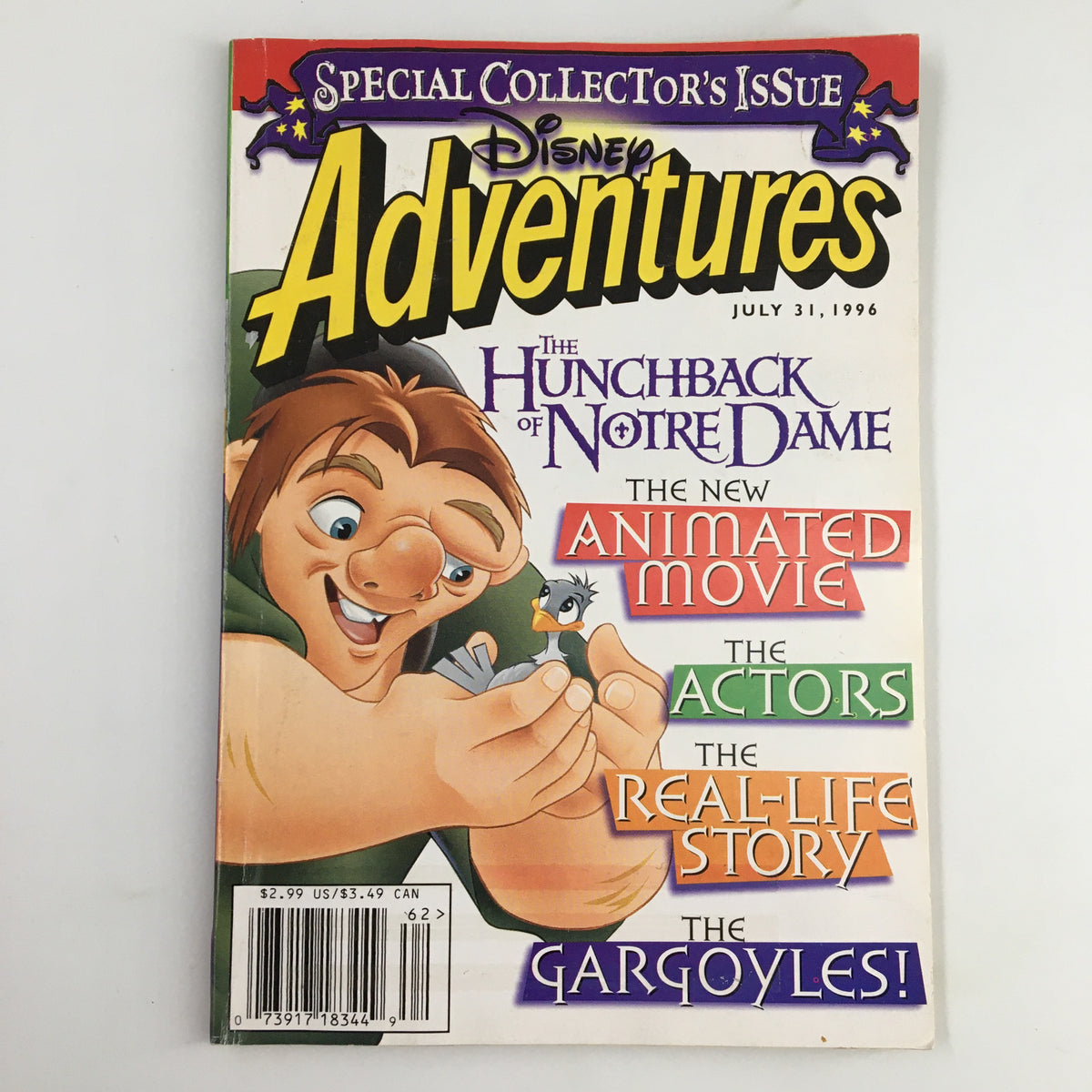Disney Adventures Magazine from July 31, 1996, featuring The Hunchback of Notre Dame on the cover, showcasing colorful illustrations and highlights of the new animated movie.