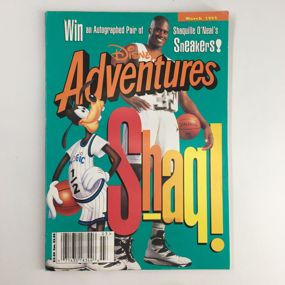 Disney Adventures Magazine March 1995 cover featuring Shaquille O'Neal with his sneakers alongside a cartoon depiction of Goofy, highlighting youth culture and sports nostalgia.