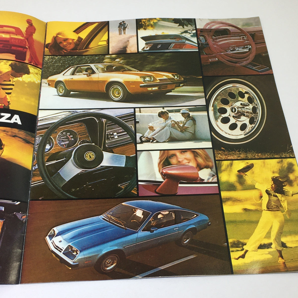 Interior pages of the September 1976 Chevrolet Monza Dealership Car Auto Brochure Catalog showcasing vibrant images and details of the Chevrolet Monza including its interior, dashboard, and various exterior colors.
