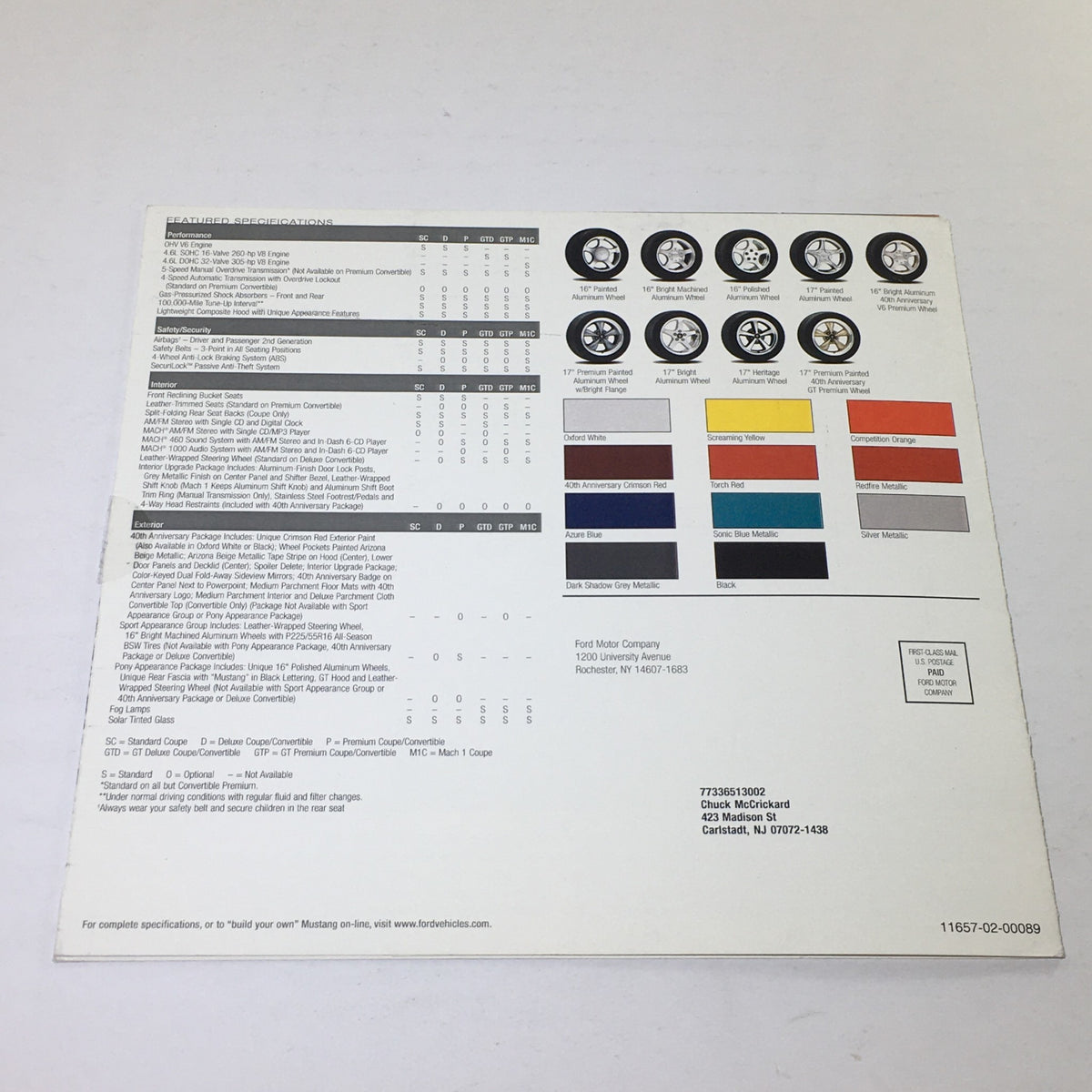 Back cover of the 2004 Ford Mustang Muscle Chuck McCrickard Dealership Car Auto Brochure Catalog featuring specifications and color options.