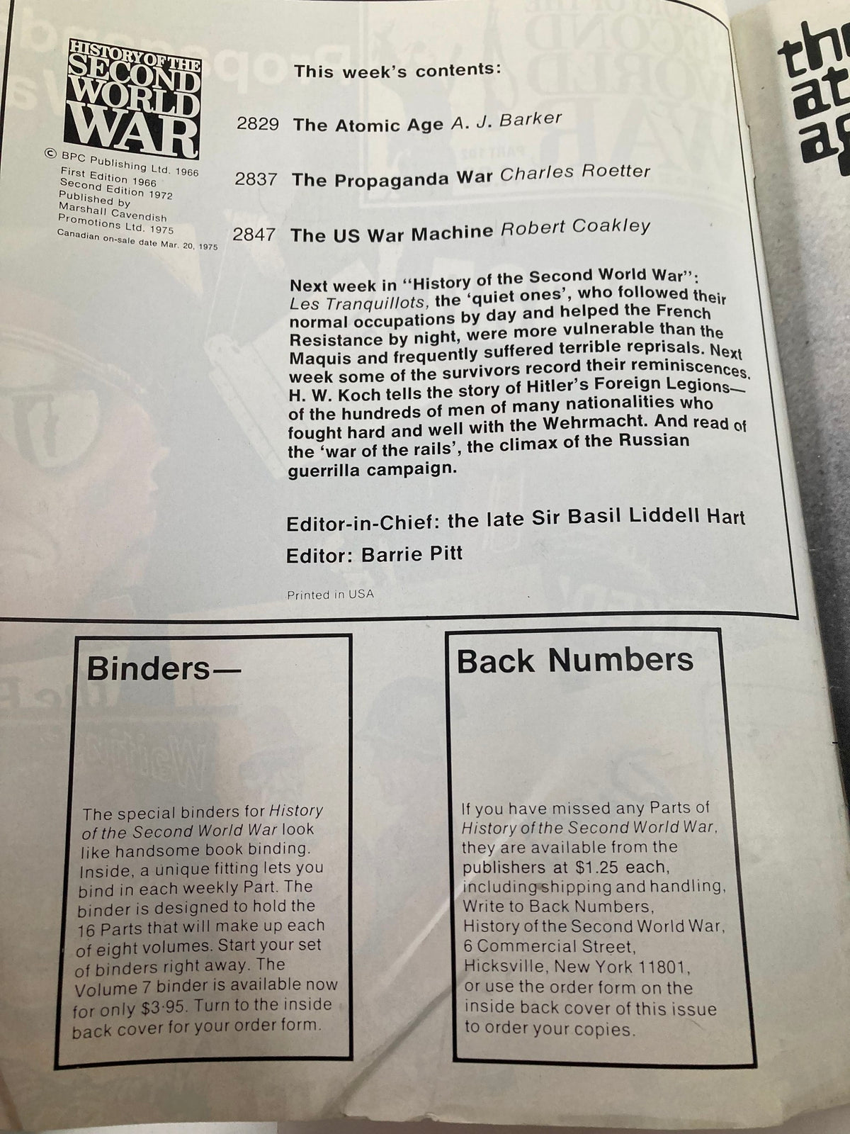 Contents page of the vintage magazine 'History of the Second World War Part 102: The Propaganda War', detailing articles including 'The Atomic Age' and 'The US War Machine'.