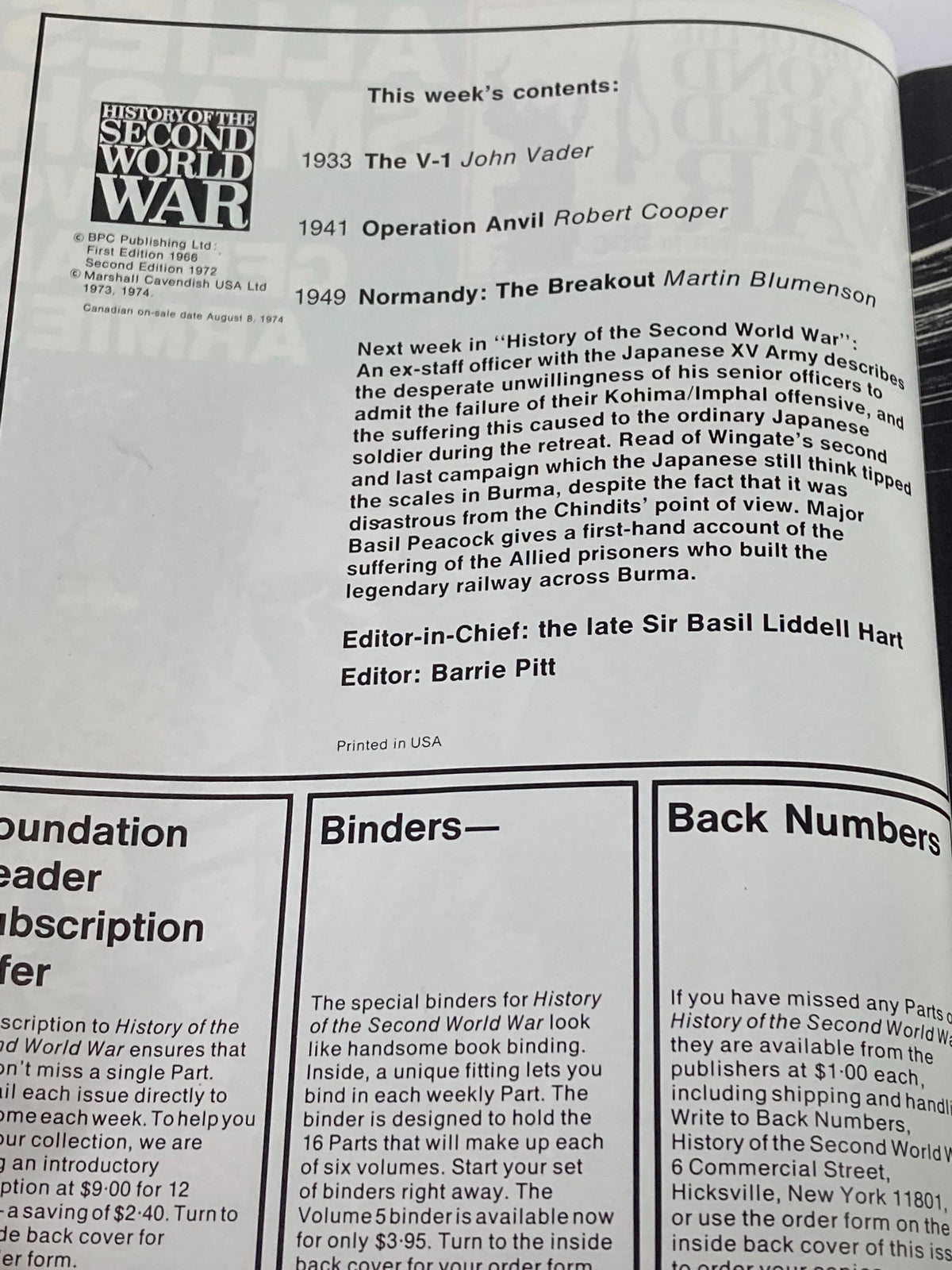Inside page of the vintage magazine 'History of the Second World War Part 70', listing contents including articles on key events like the V-1 and Operation Anvil, published in 1974.