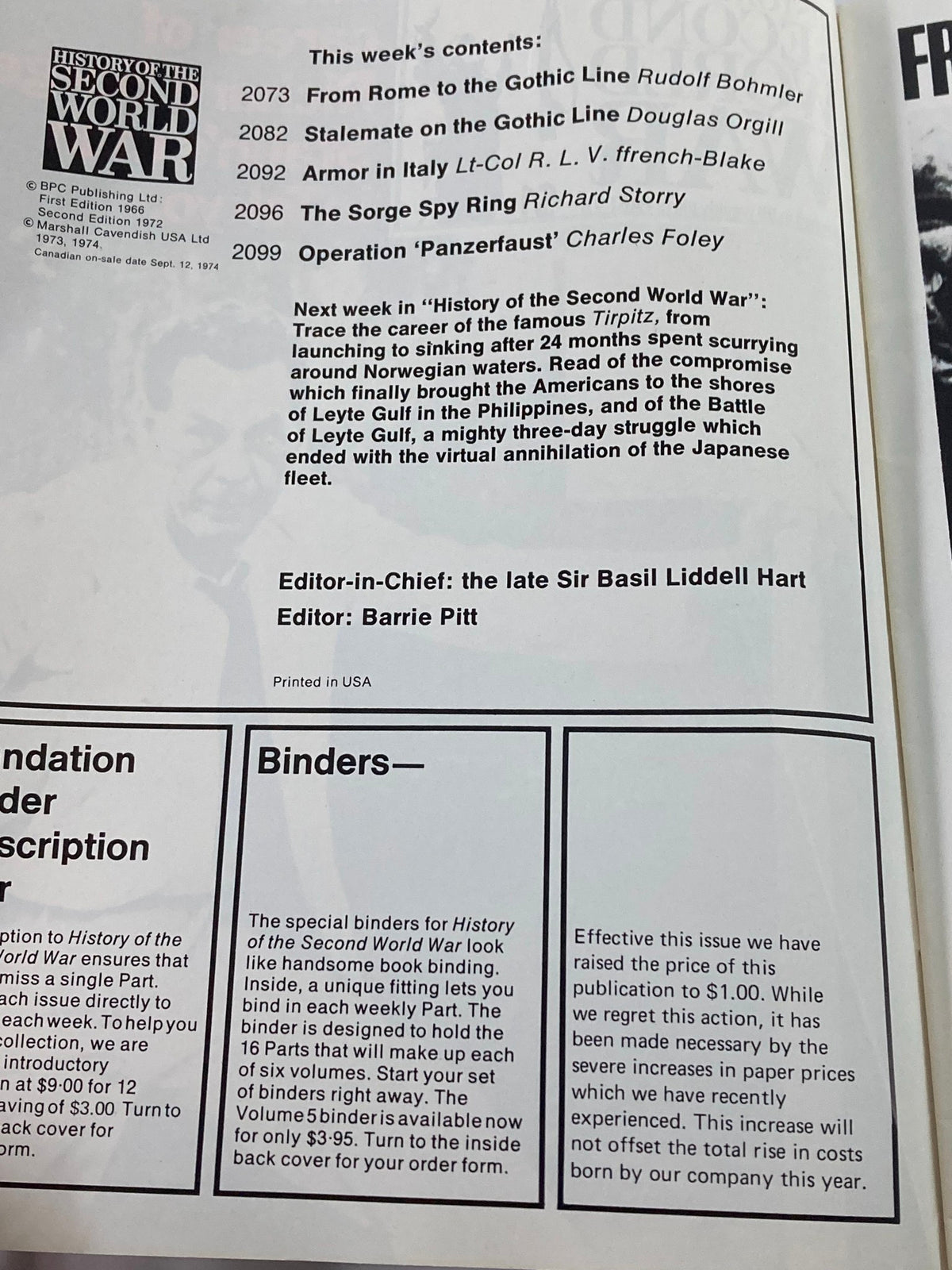 Table of contents page from the vintage magazine 'History of the Second World War Part 75', listing articles including 'The Sorge Spy Ring', along with subscription details and editor information.