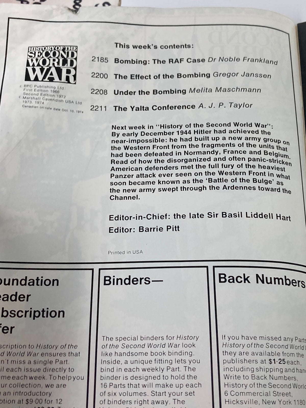 Table of contents page from the vintage magazine 'History of the Second World War Part 79', published in 1974. It includes articles such as 'Bombing: The RAF Case' and 'The Yalta Conference', highlighting significant discussions within this edition on World War II.