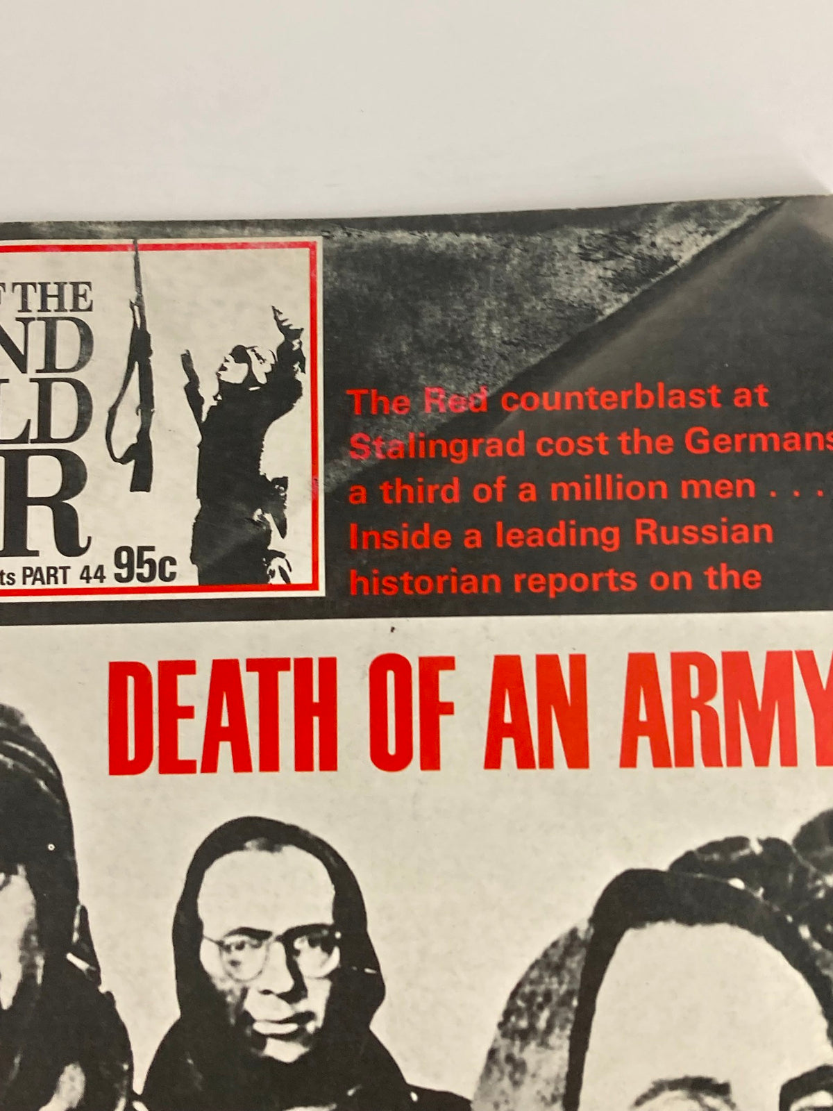 Close-up of the cover from 'VTG History of the Second World War Part 44 1974', featuring the title 'Death of an Army'. This image emphasizes the haunting narrative and striking visuals related to the Stalingrad battle.