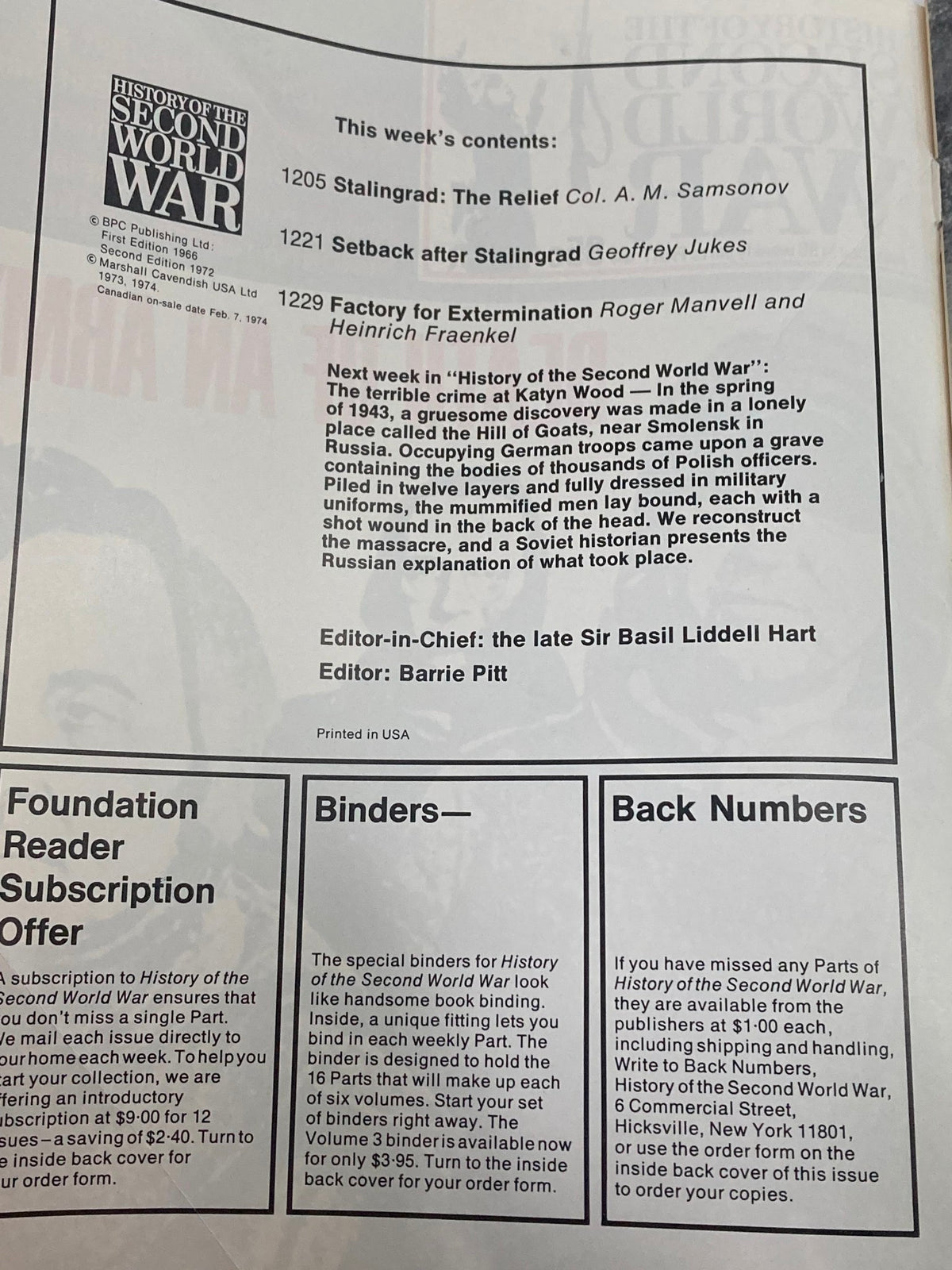 Inside page of 'VTG History of the Second World War Part 44 1974', showing the table of contents. This section highlights articles on significant WWII events, including the relief at Stalingrad and the atrocities of war, conveying the historical importance of the magazine.