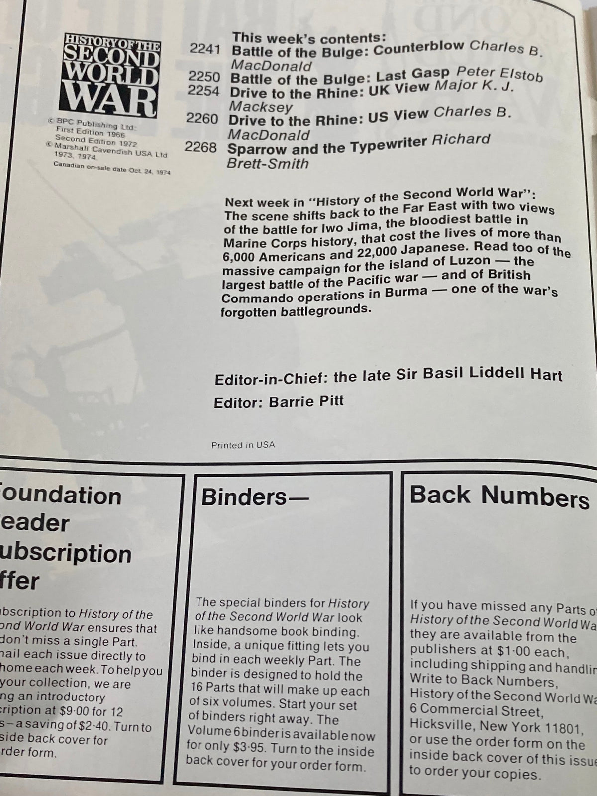 Cover page of 'History of the Second World War Part 81 1974 The Allies Hit Back No Label', featuring the table of contents and editor information.